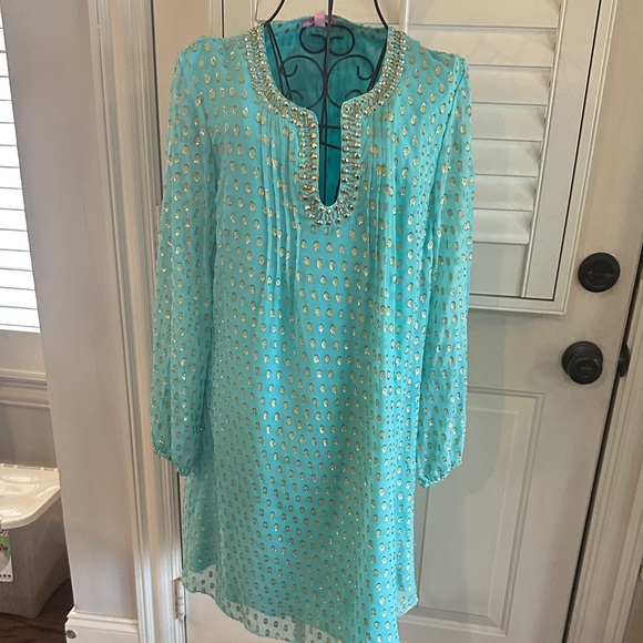 lilly pulitzer turquoise and gold dress Lilly Pulitzer Sleeveless/Halter Dress -SZ 4 -***READ***
